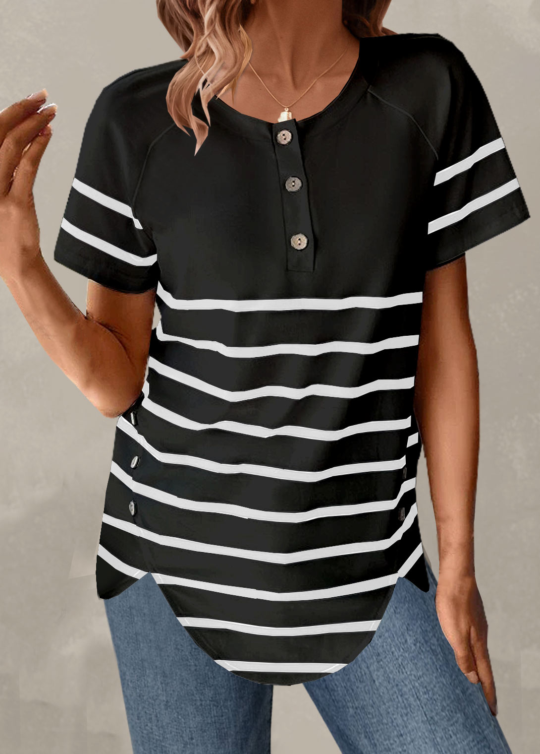Plus Size Black Button Striped T Shirt