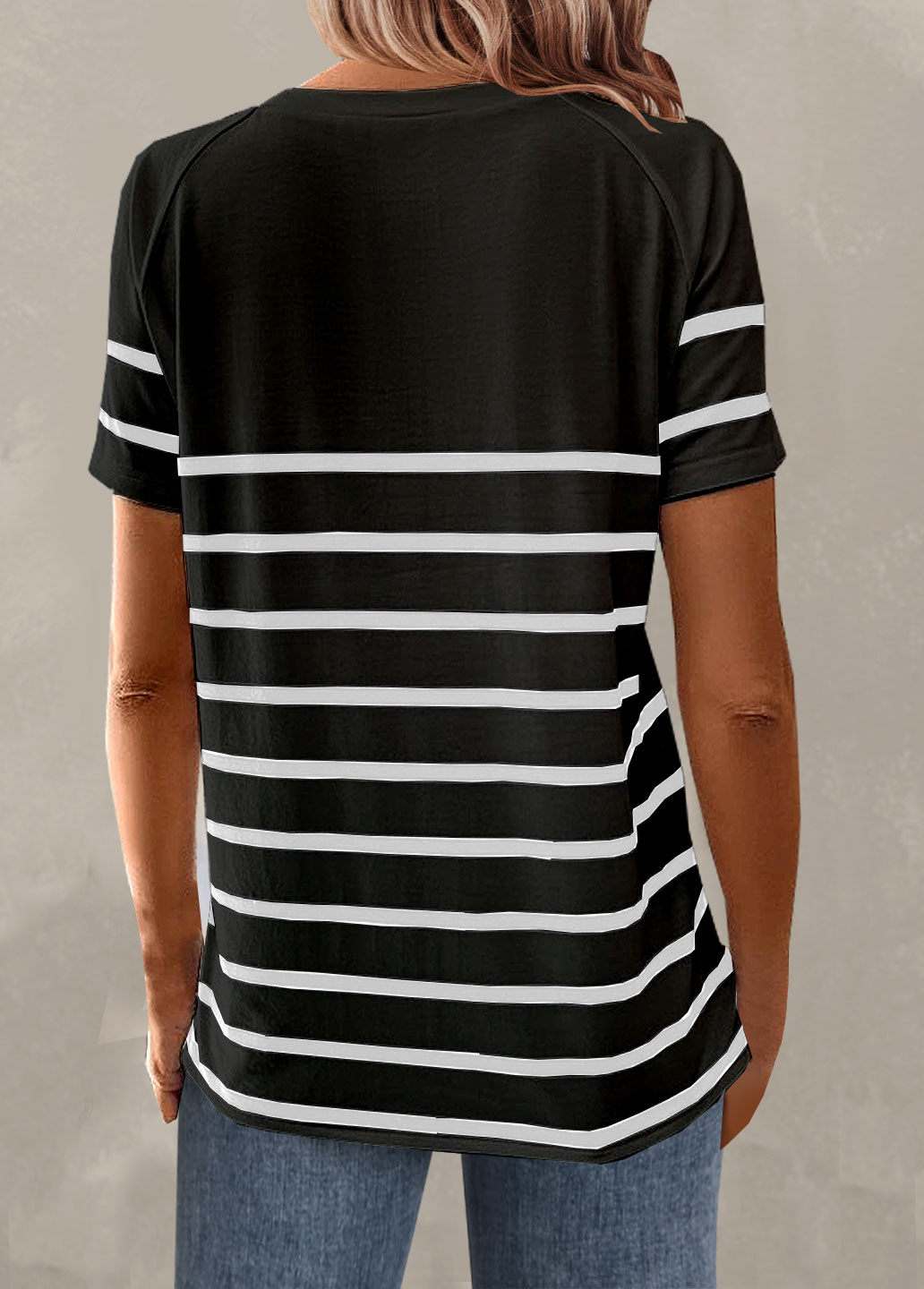 Plus Size Black Button Striped T Shirt