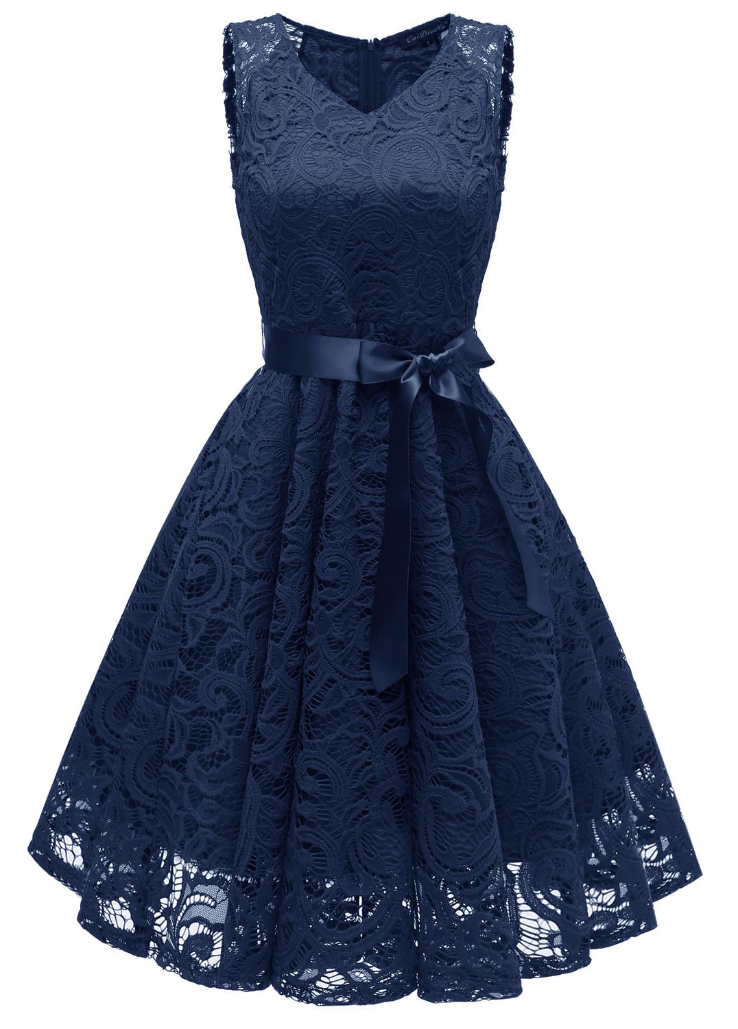 Lace Bowknot Navy V Neck Sleeveless Dress