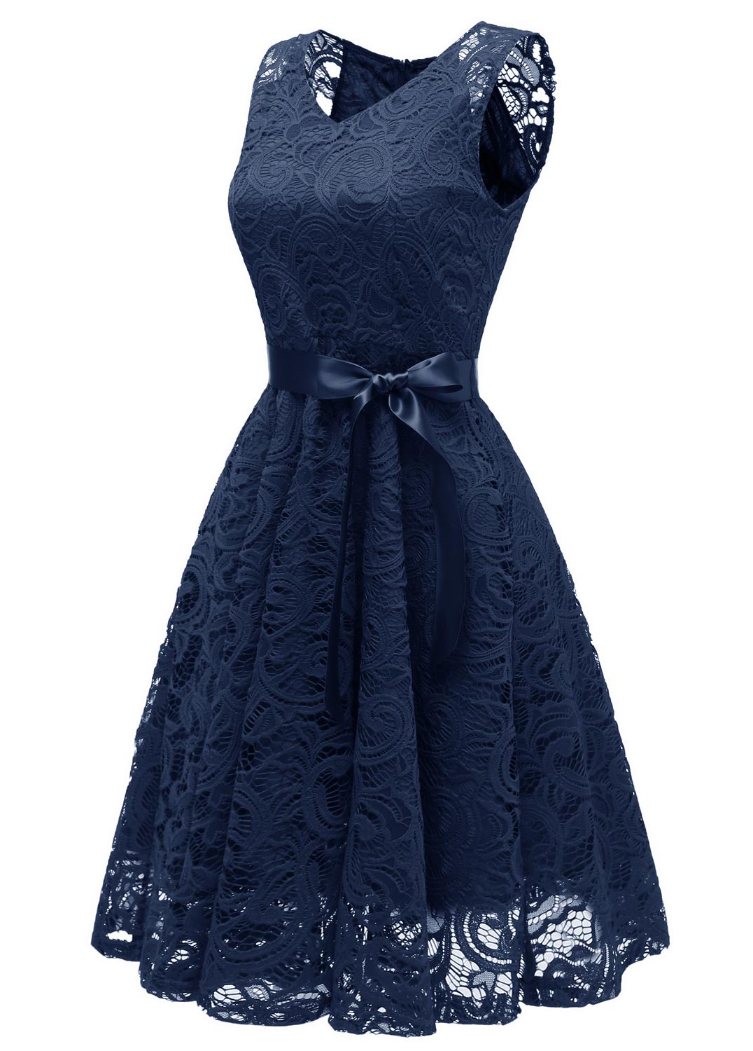 Lace Bowknot Navy V Neck Sleeveless Dress