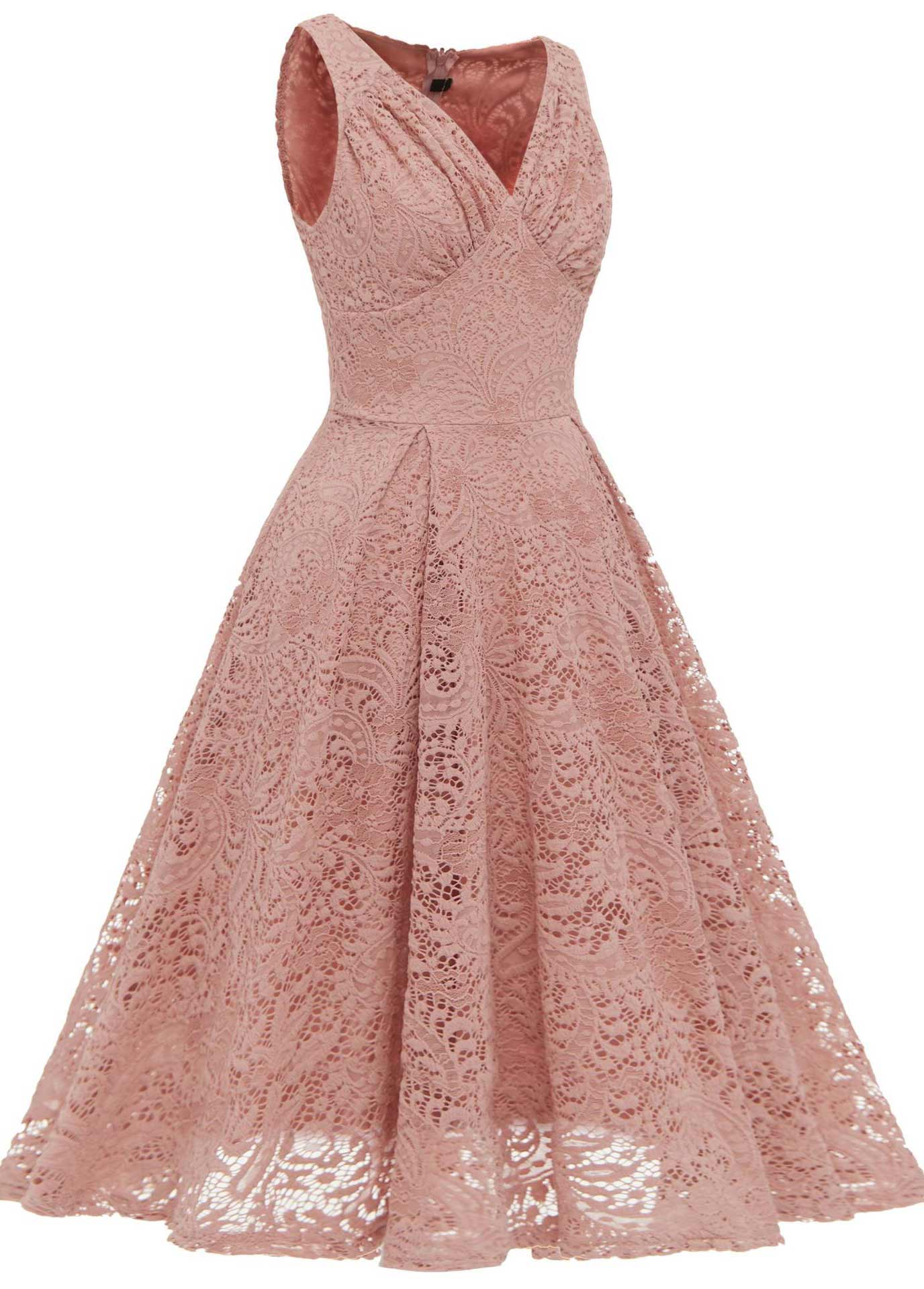 V Neck Lace Dusty Pink Sleeveless Dress