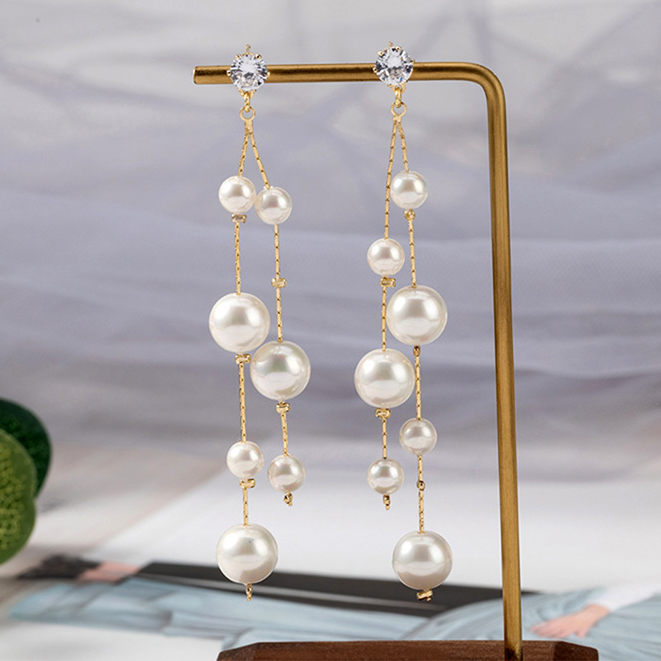 Tassel Detail Silvery White Pearl Design Earrings