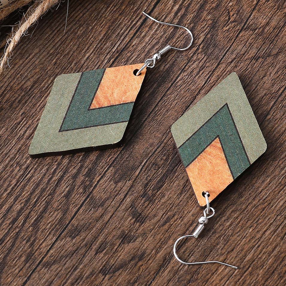 Green Geometric Square Wood Drop Earrings