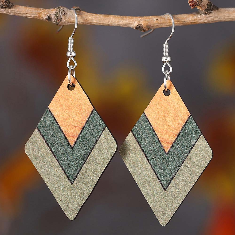 Green Geometric Square Wood Drop Earrings