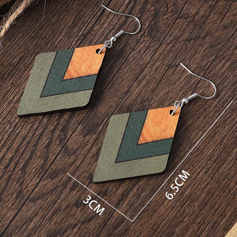 Green Geometric Square Wood Drop Earrings