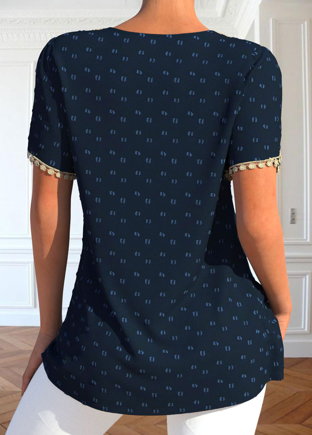 Embroidery Patchwork Navy V Neck T Shirt