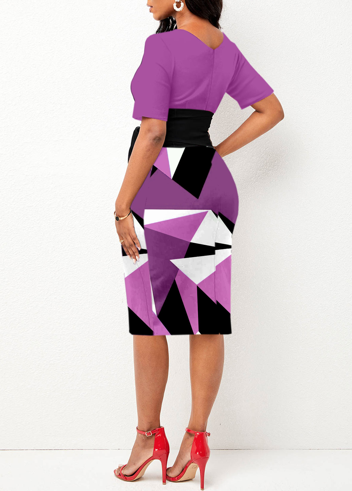 Geometric Print Tie Purple Round Neck Bodycon Dress