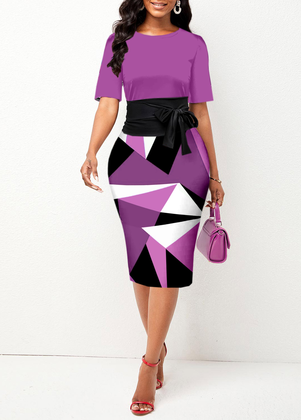 Geometric Print Tie Purple Round Neck Bodycon Dress