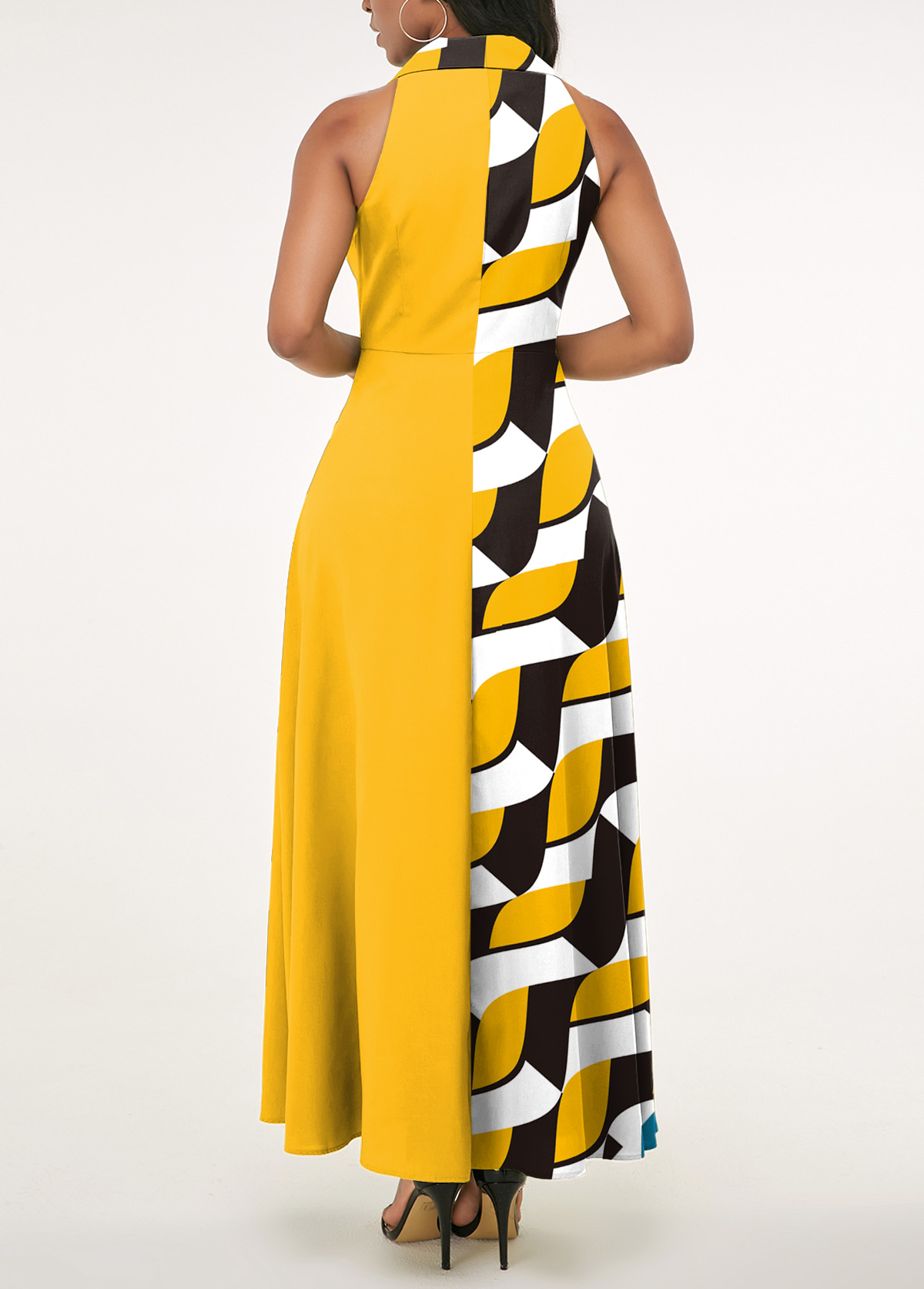 Geometric Print Button Yellow Lapel Sleeveless Maxi Dress