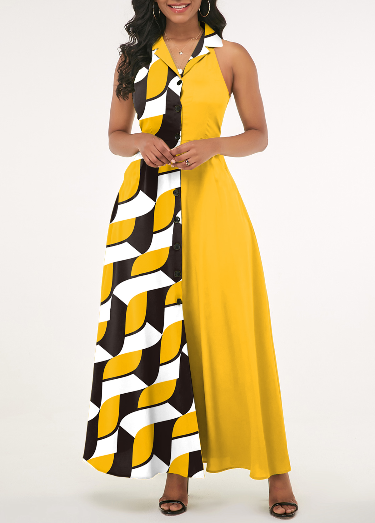 Geometric Print Button Yellow Lapel Sleeveless Maxi Dress