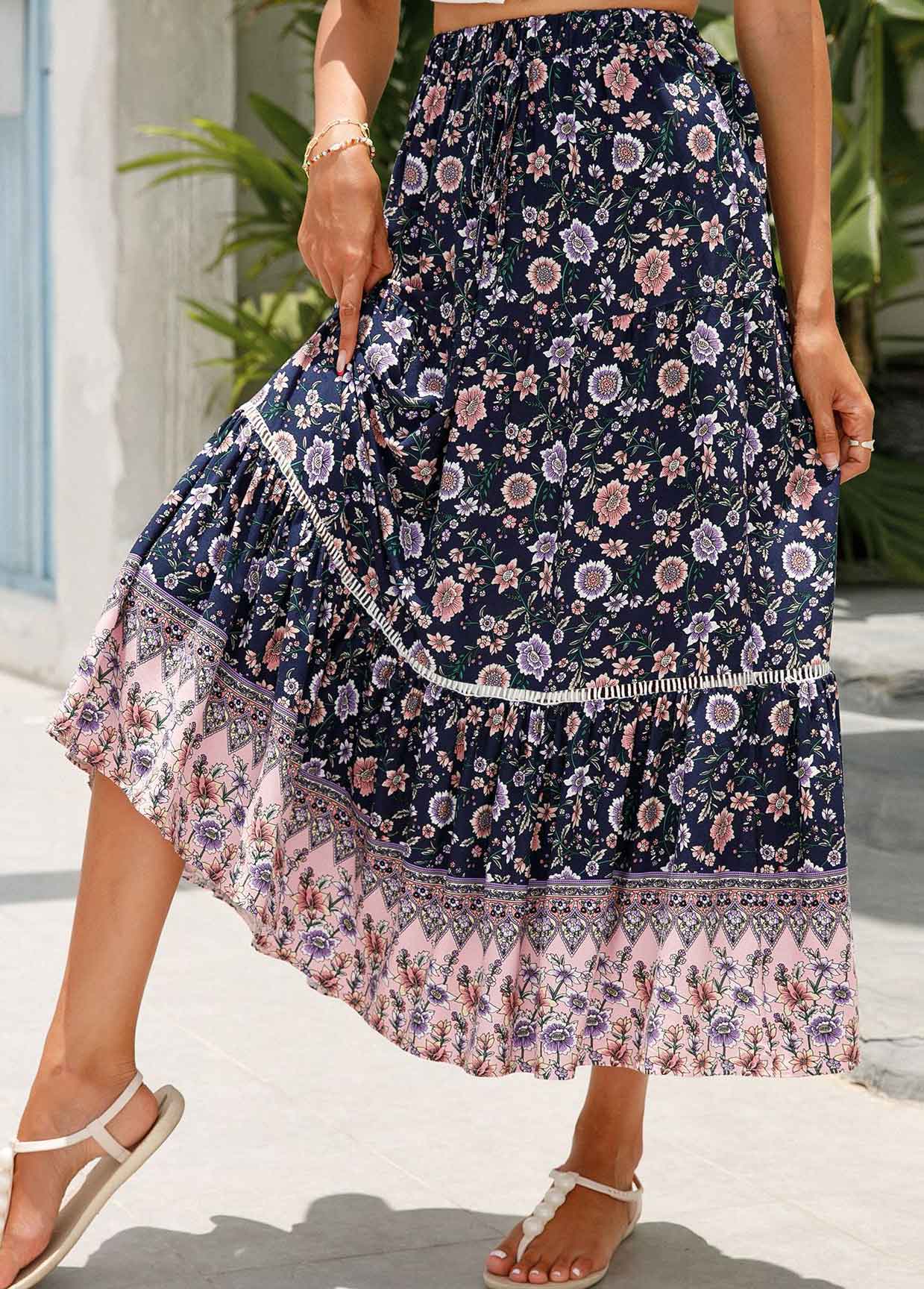 Floral Print Patchwork Multi Color A Line Skirt