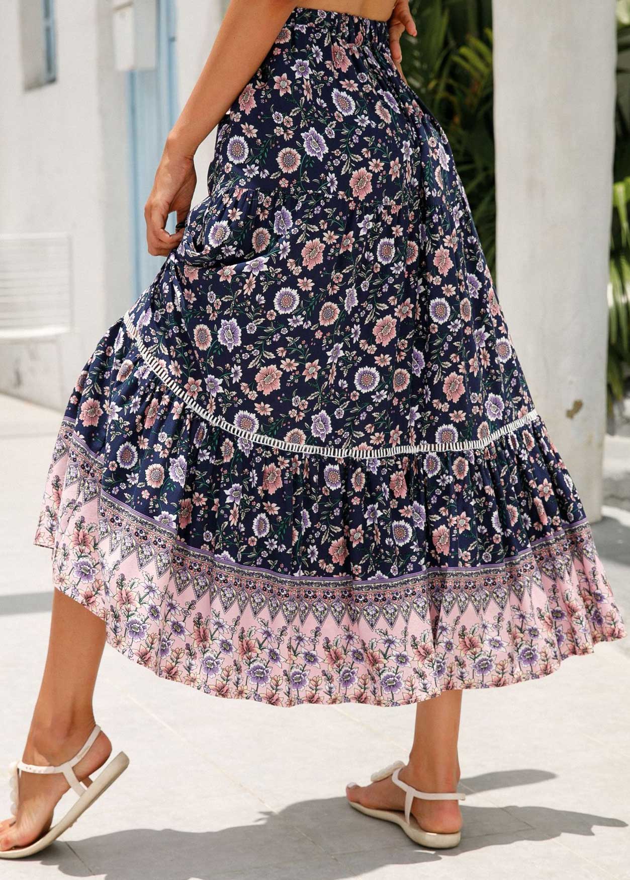 Floral Print Patchwork Multi Color A Line Skirt