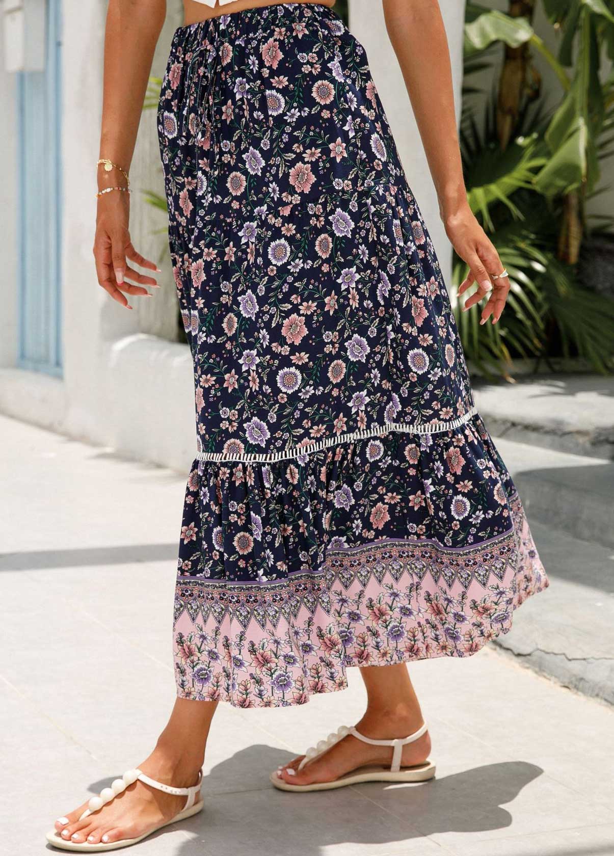 Floral Print Patchwork Multi Color A Line Skirt