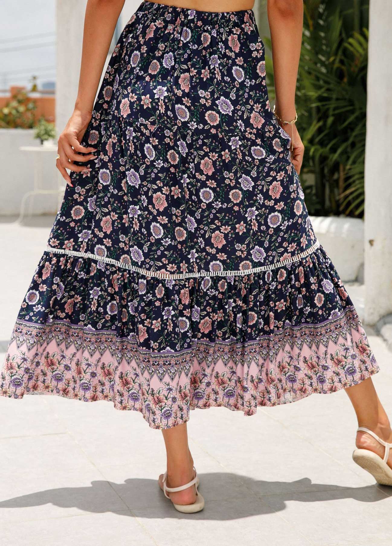 Floral Print Patchwork Multi Color A Line Skirt