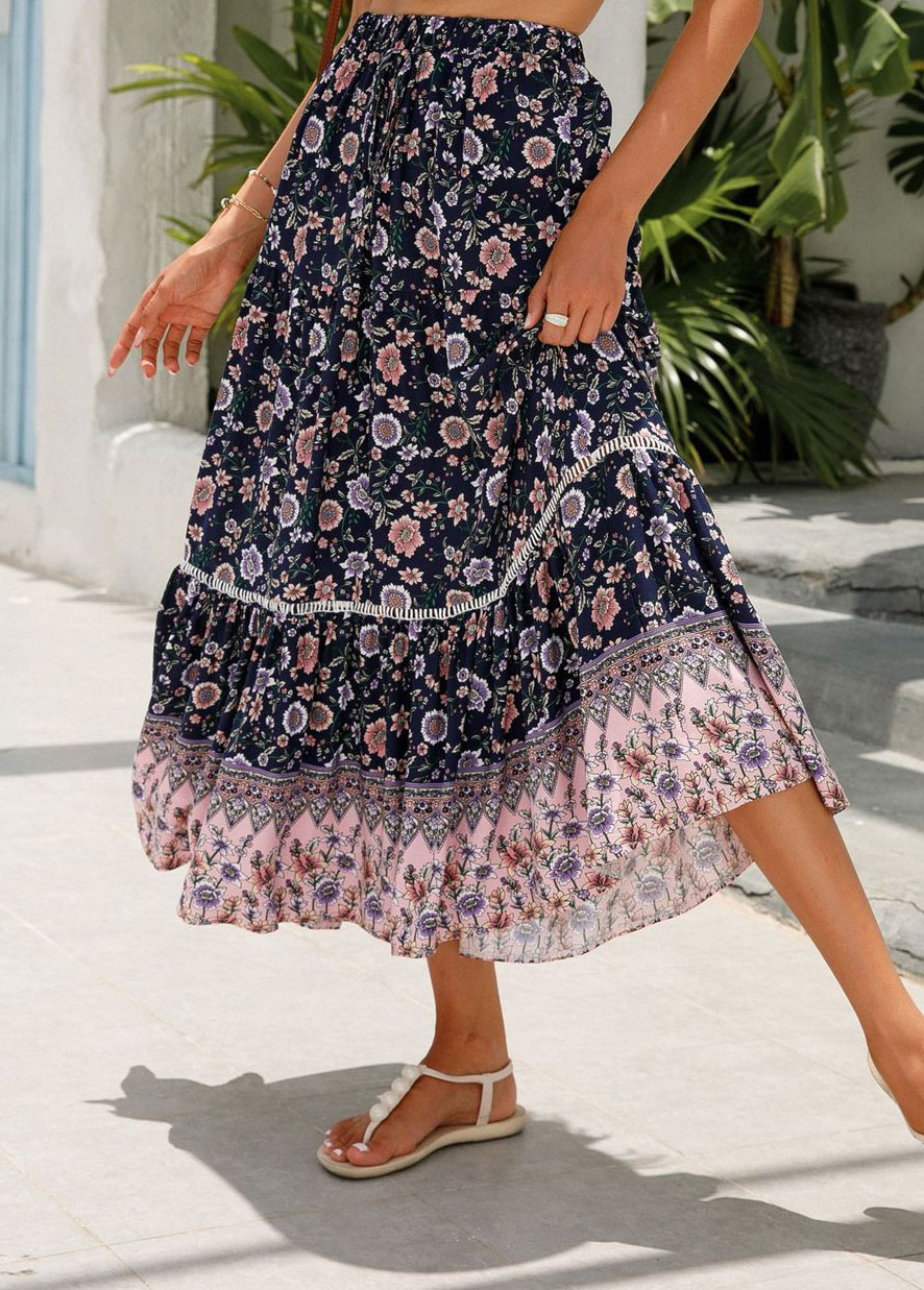 Floral Print Patchwork Multi Color A Line Skirt