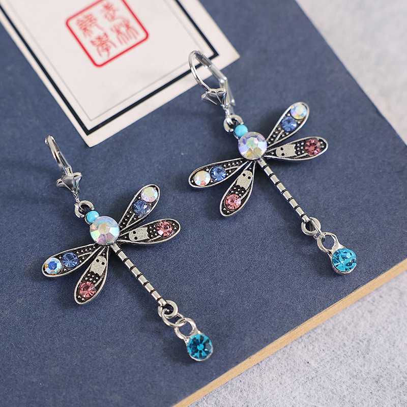 Dragonfly Design Multi Color Rhinestone Earrings