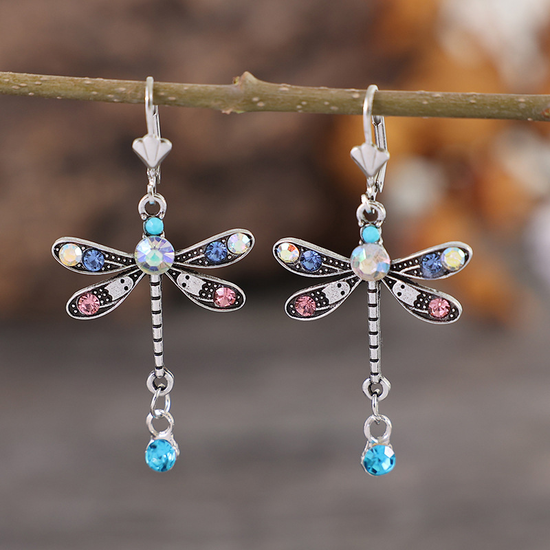Dragonfly Design Multi Color Rhinestone Earrings