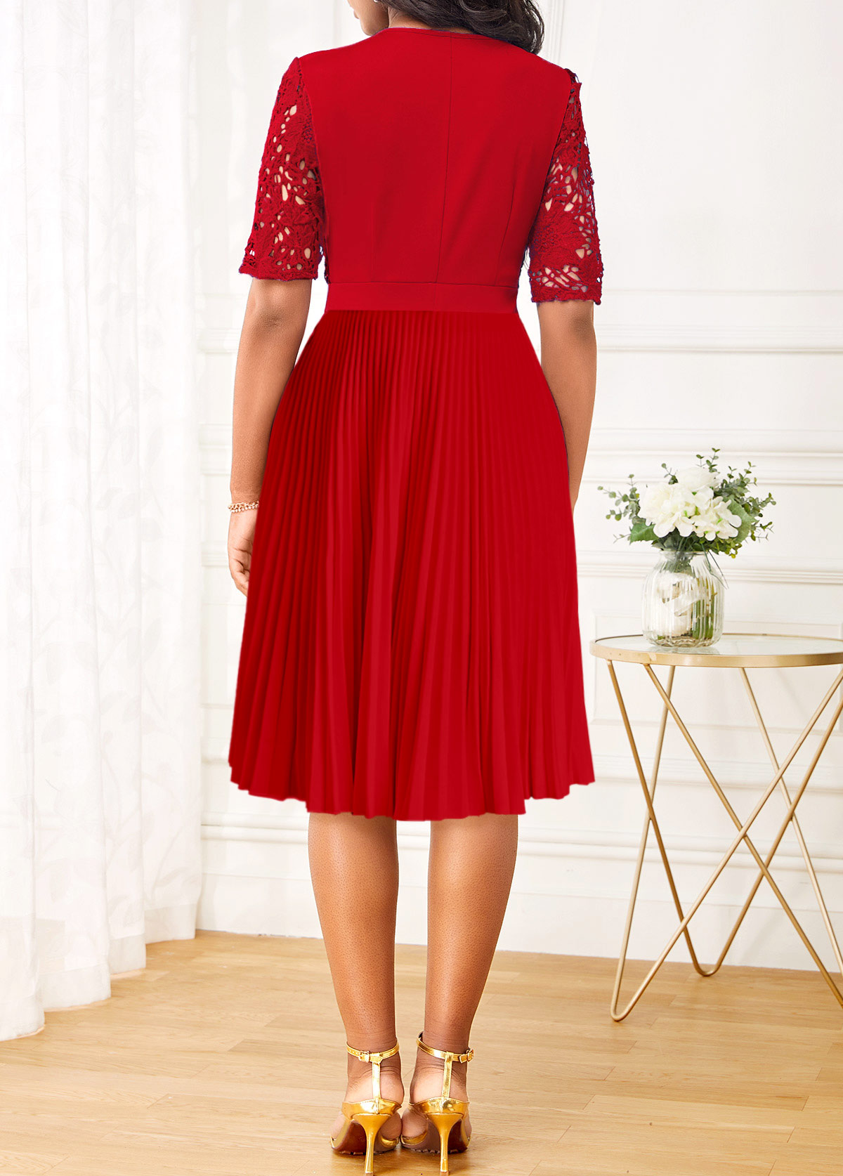 Lace Pleated Red Split Neck Half Sleeve Dress