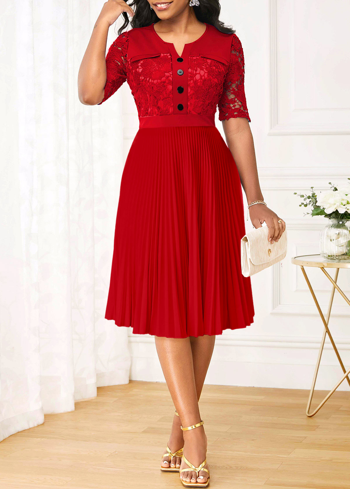 Lace Pleated Red Split Neck Half Sleeve Dress