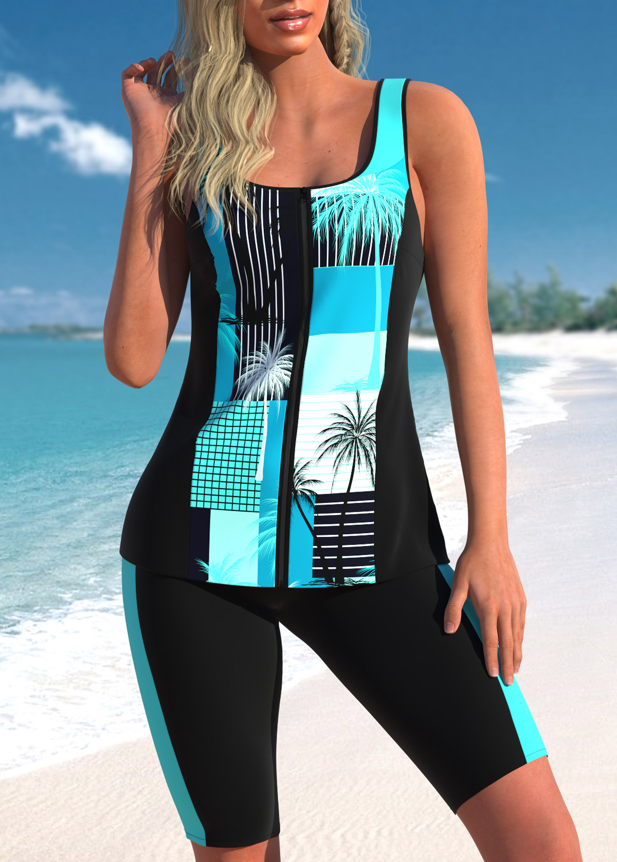 Plus Size Printed Mid Waist Tankini Set