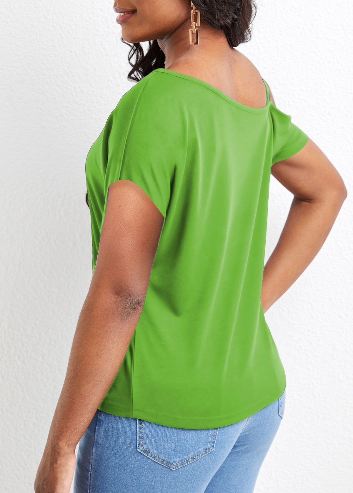 Asymmetrical Neck Twist Grass Green T Shirt