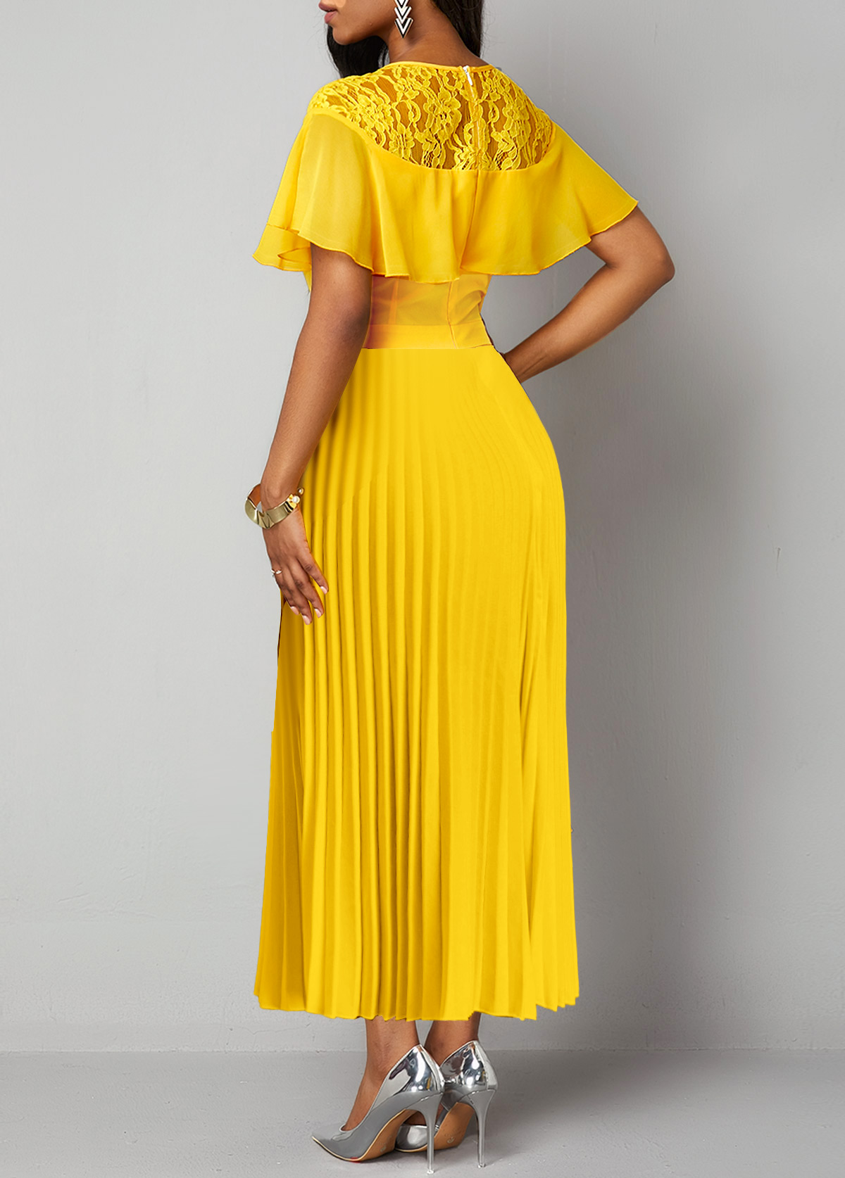 Round Neck Lace Yellow Short Sleeve Maxi Dress
