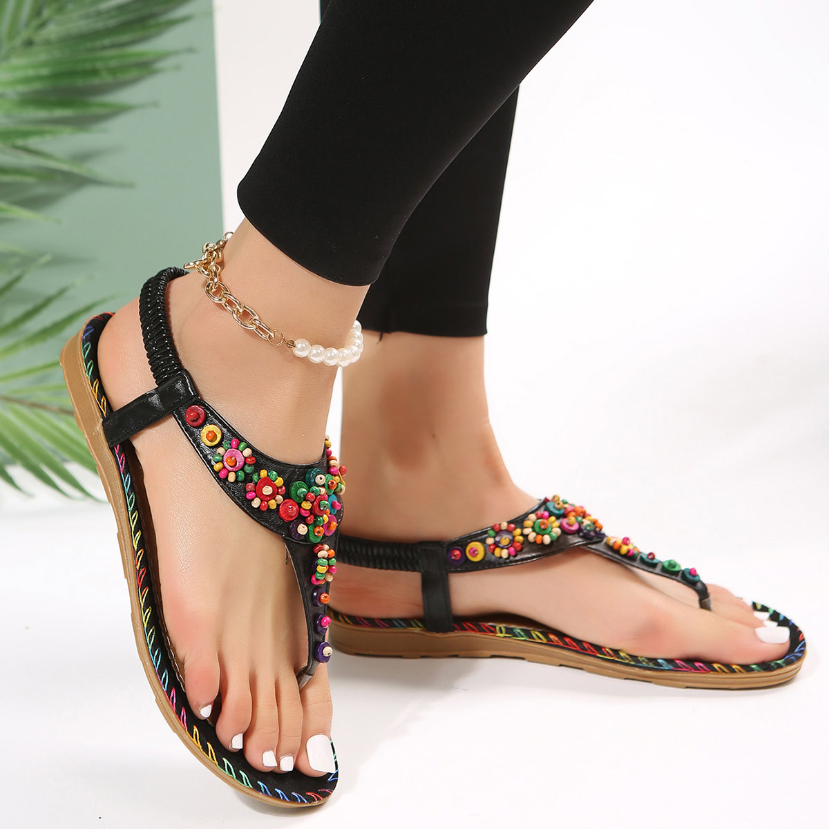 Ditsy Floral Black Toe Post Falt Sandals