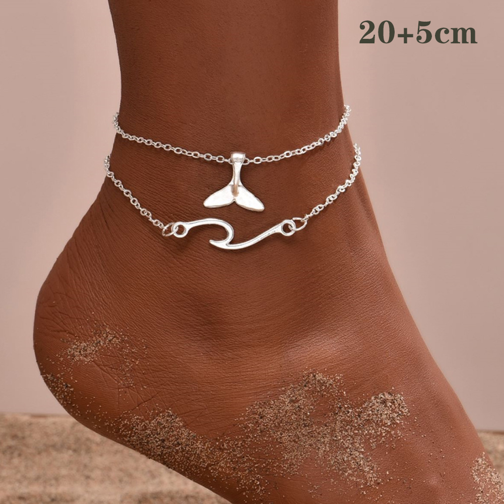 Layered Design Silver Whale Tail Anklet Set