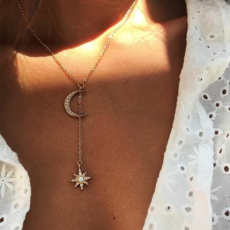 Moon and Star Design Golden Necklace