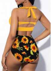 High Waist Cutout Back Halter Sunflower Print Bikini Set