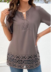 Patchwork Light Coffee Short Sleeve Split Neck Blouse