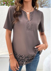 Patchwork Light Coffee Short Sleeve Split Neck Blouse
