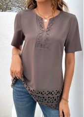 Patchwork Light Coffee Short Sleeve Split Neck Blouse