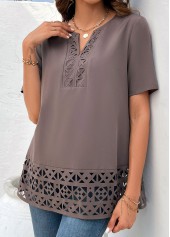 Patchwork Light Coffee Short Sleeve Split Neck Blouse