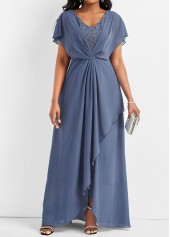 Dusty Blue V Neck Lace Maxi Dress