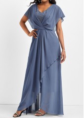 Dusty Blue V Neck Lace Maxi Dress