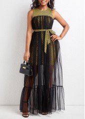 Chevron Print Mesh Belted Black Maxi Dress