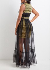 Chevron Print Mesh Belted Black Maxi Dress