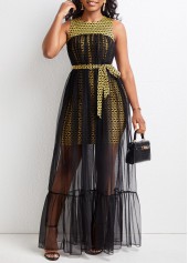 Chevron Print Mesh Belted Black Maxi Dress