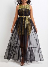 Chevron Print Mesh Belted Black Maxi Dress