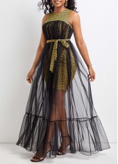 Chevron Print Mesh Belted Black Maxi Dress