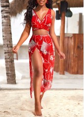 High Waisted Floral Print Criss Cross Red Bikini Set