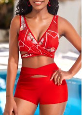 High Waisted Floral Print Criss Cross Red Bikini Set