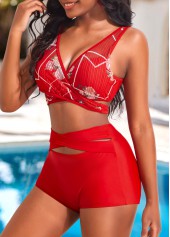 High Waisted Floral Print Criss Cross Red Bikini Set