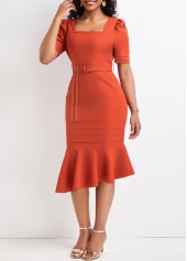 Mermaid Belted Brick Red Square Neck Bodycon Dress