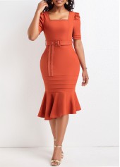 Mermaid Belted Brick Red Square Neck Bodycon Dress