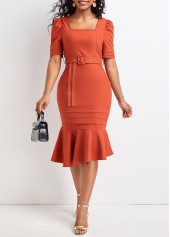 Mermaid Belted Brick Red Square Neck Bodycon Dress