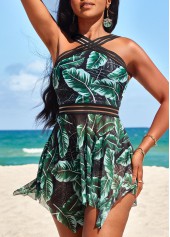Tropical Plants Print Patchwork Blackish Green Swimdress Top-No Bottom
