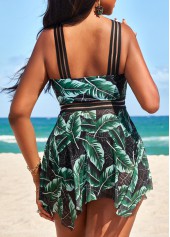 Tropical Plants Print Patchwork Blackish Green Swimdress Top-No Bottom