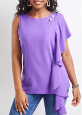 Purple Round Neck Sleeveless Ruffle Blouse